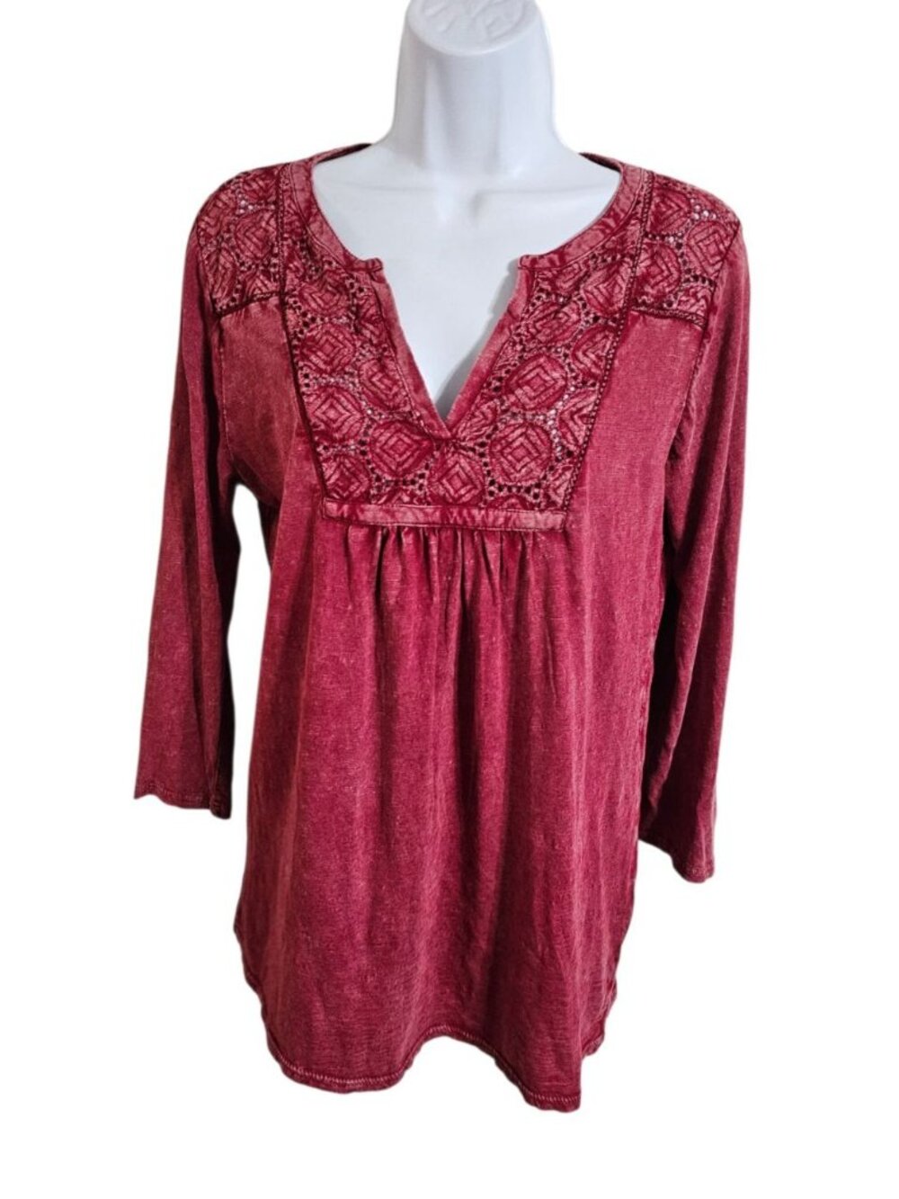 Lucky Brand Women M Blouse Deep Red Cotton Crochet Embroidered Boho Statement - Picture 2 of 7